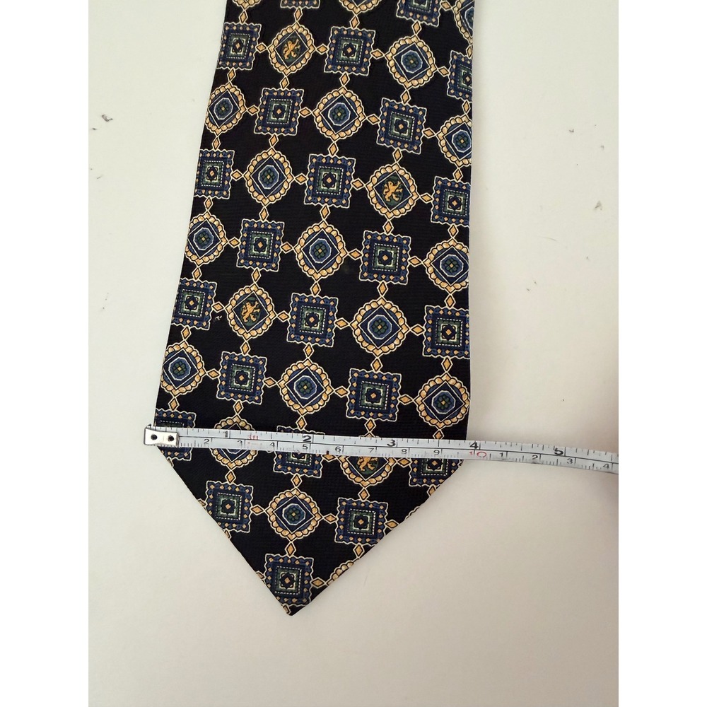 Tommy Hilfiger Mens Silk Tie Navy Blue Gold Green Geometric Medallion Crest - Picture 5 of 7